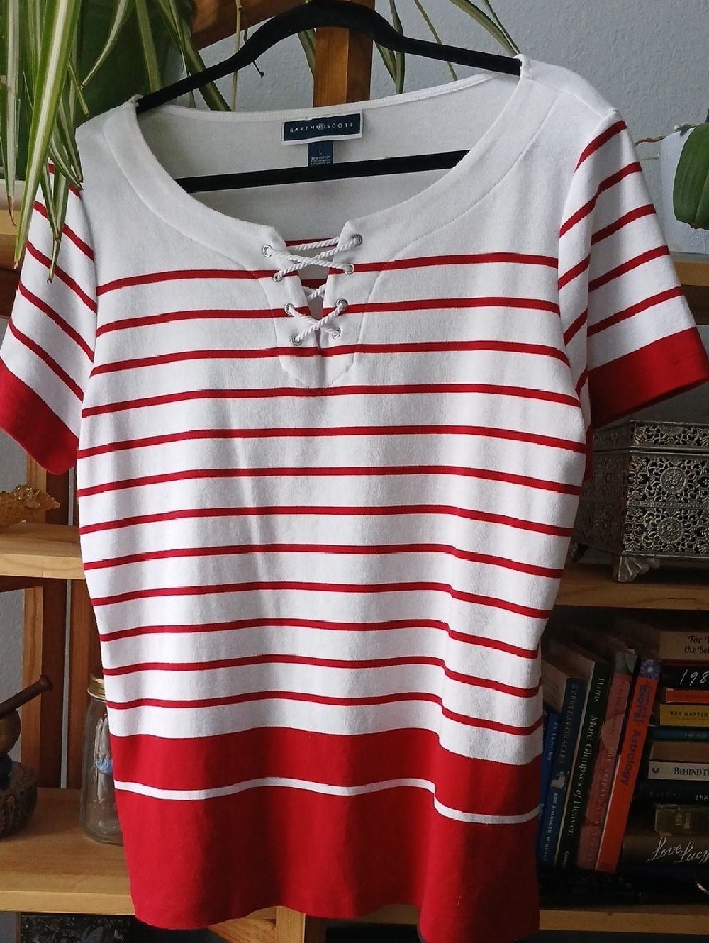 Karen Scott White and Red Striped Lace-Up Short Sleeve Top